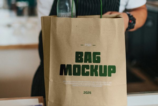 Front view craft shopping bag mockup with green and white typography design used by men in the shop.