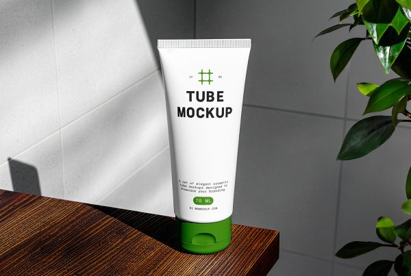 Front view of a white, minimalistic cosmetic tube mockup with a green lid standing on the wood in a bathroom.