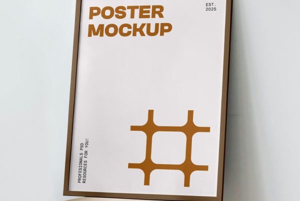 Front view poster mockup with a brown frame and typography design standing on a wooden stool.