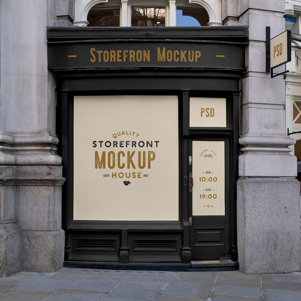 Front view of a black storefront mockup with beige color of windows and a vintage typography design.