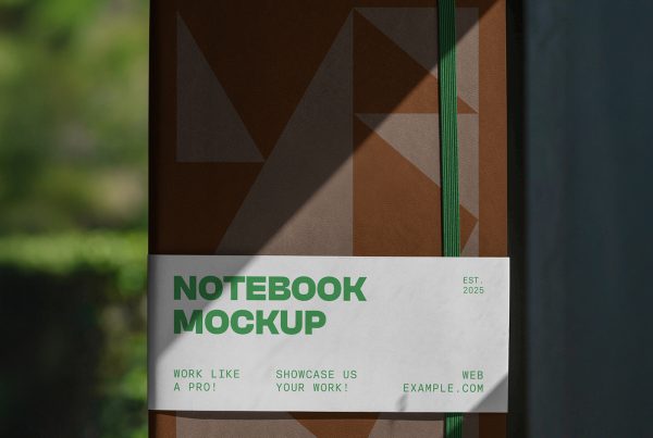 Front view brown softcover notebook mockup with white label and green typography design standing on the wood.