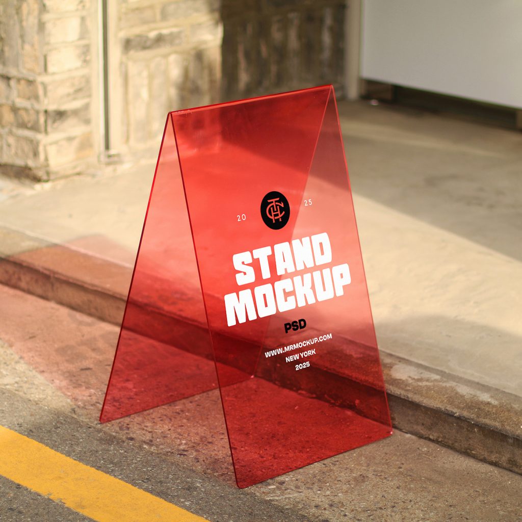 Front view transparent stand mockup in red color with strong typography design standing near the sidewalk.