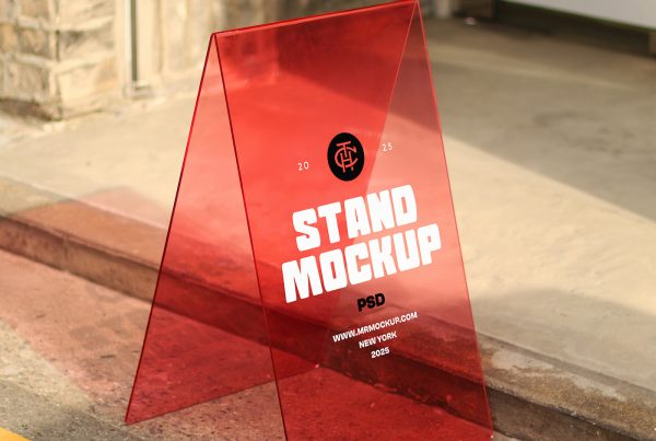 Front view transparent stand mockup in red color with strong typography design standing near the sidewalk.