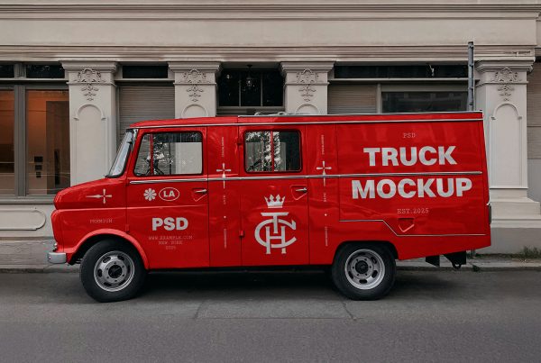 Front view red truck mockup side with white typography designs parked near the building.