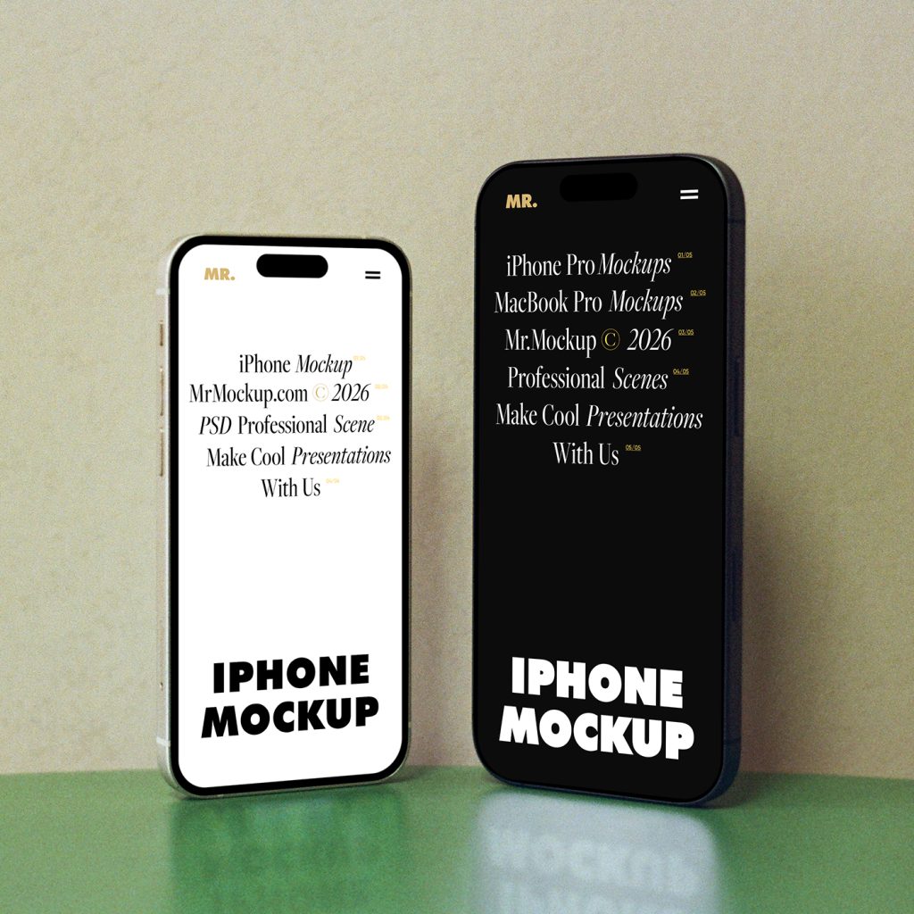 Front view of two iPhone mockups with typography design standing in front of the beige wall.