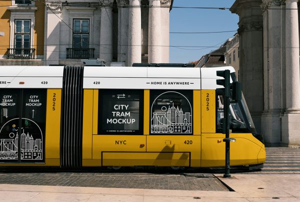 Side view urban tram mockup in white and yellow color and white stroke illustration design in the city.