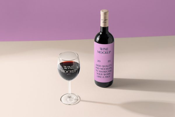 Glass & wine bottle mockup with typography design standing on the beige background.