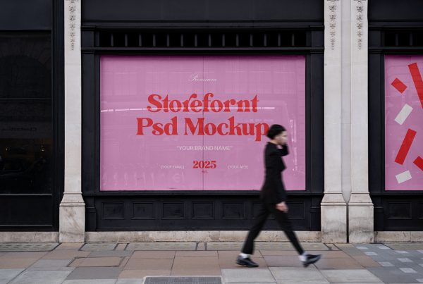 Front view black wood storefront mockups with pink windows and red and white typography design.