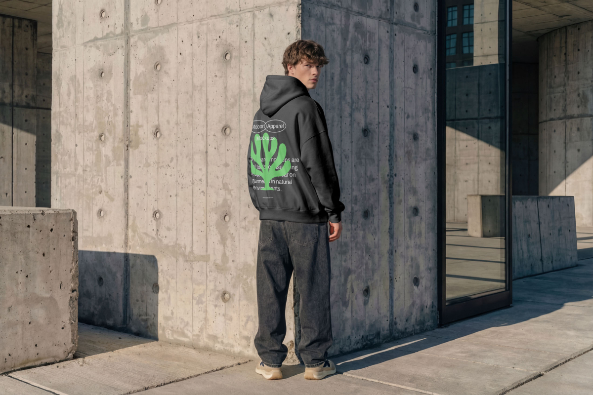 Male model standing backwards wearing an oversized hoodie mockup in black color and a huge typographic graphic on the back from the Outdoor Apparel Mockups Vol.3 product.