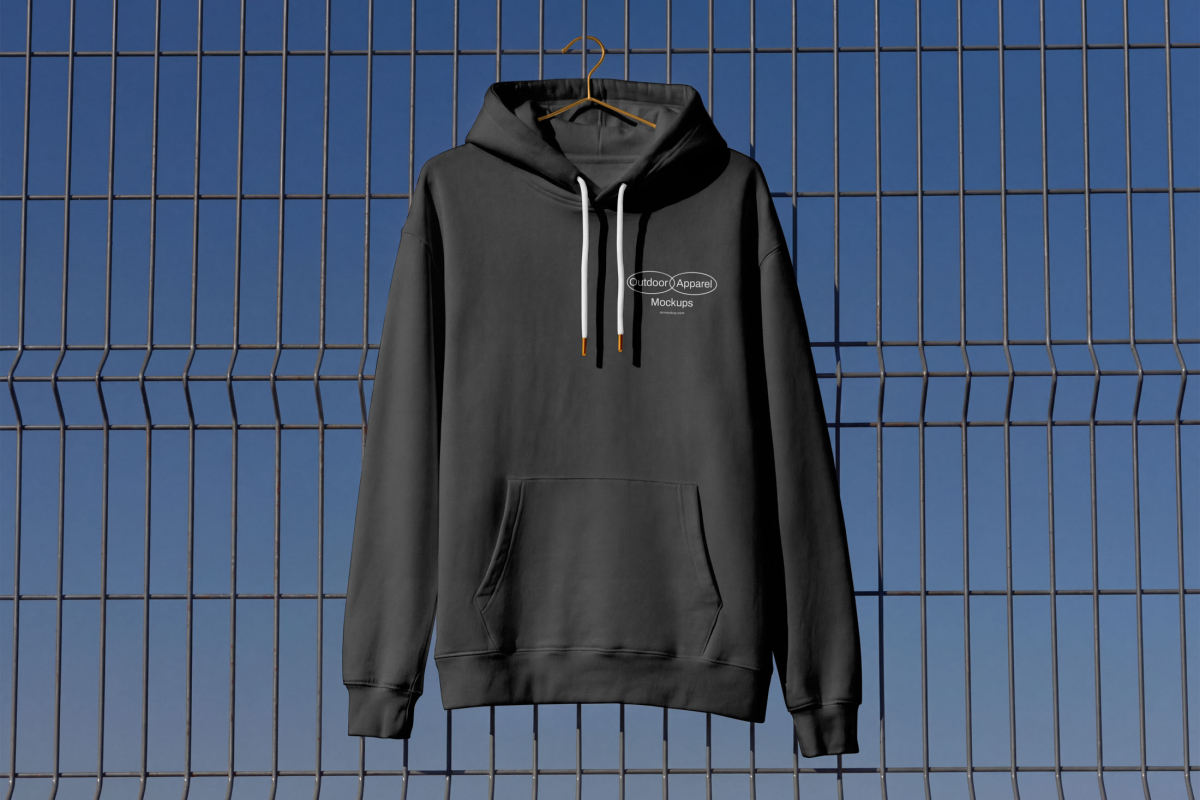 Front view, dark gray hoodie mockup with white logo hanging on the metal fence from the Outdoor Apparel Mockups Vol.3 product.
