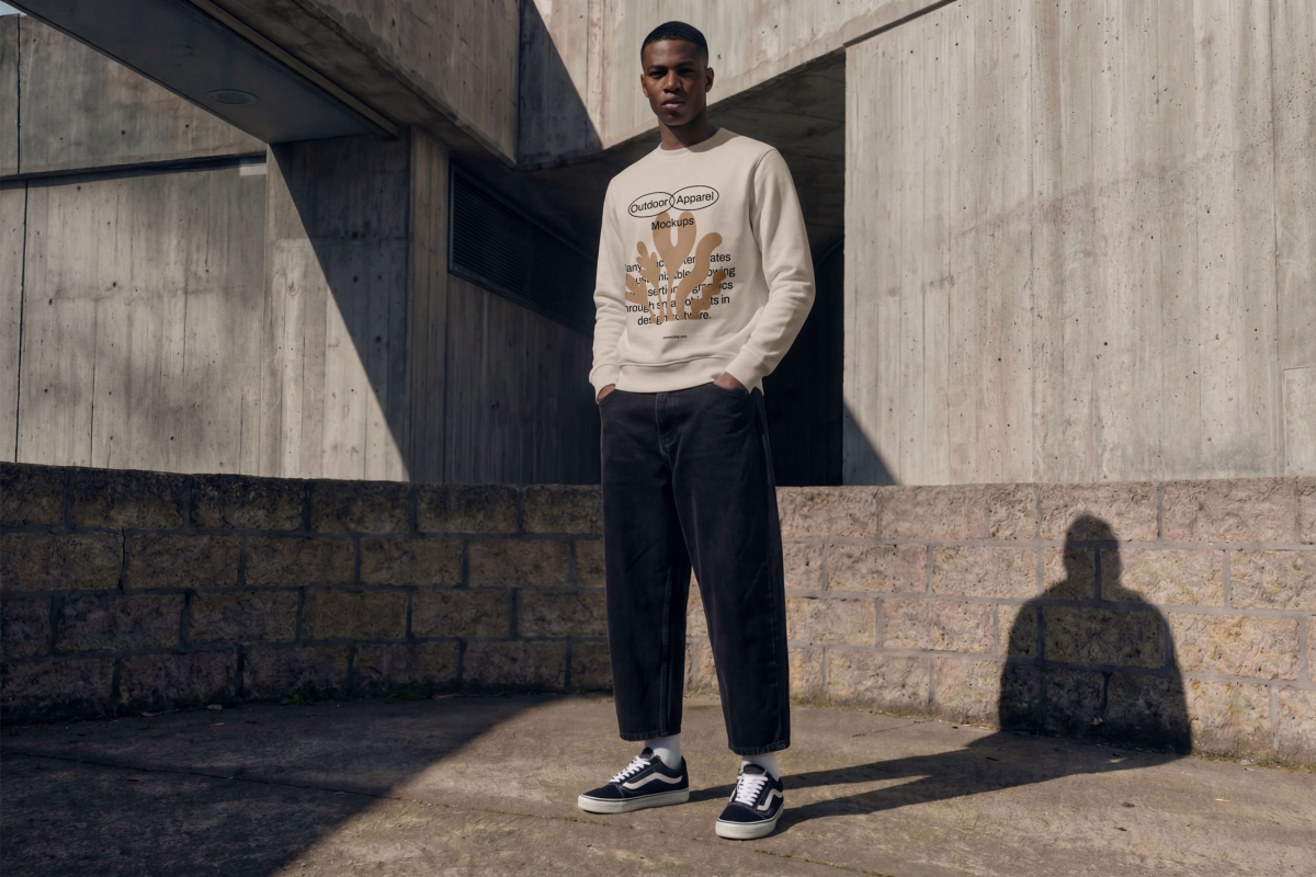 Standing male model wearing a sweatshirt mockup from the Outdoor Apparel Mockups Vol.3 product.