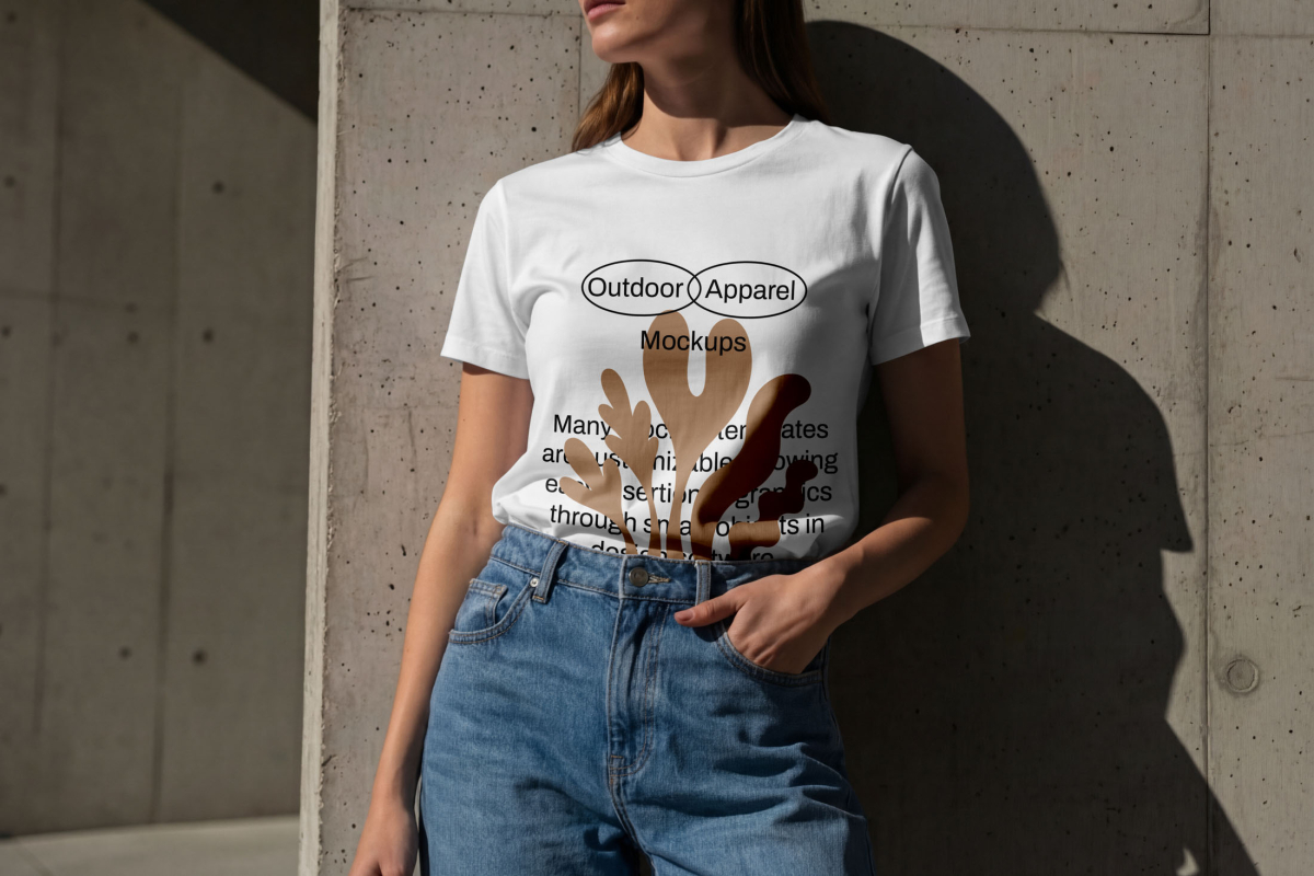 Women resist on a concrete wall and wear a white shirt mockup with a simple typography design from the Outdoor Apparel Mockups Vol.3 product.