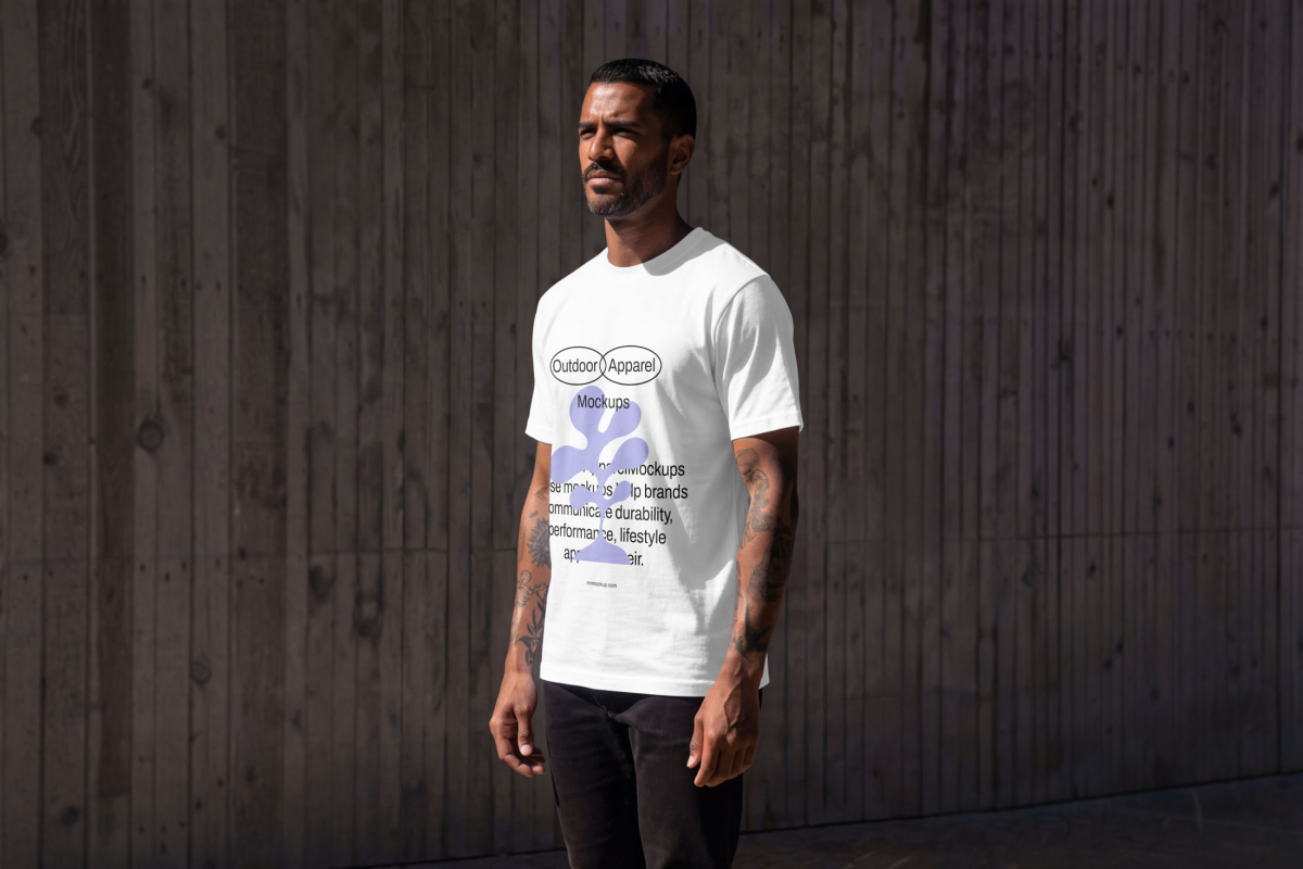 Men wear a white t-shirt mockup with a simple black typography design from the Outdoor Apparel Mockups Vol.3 product.