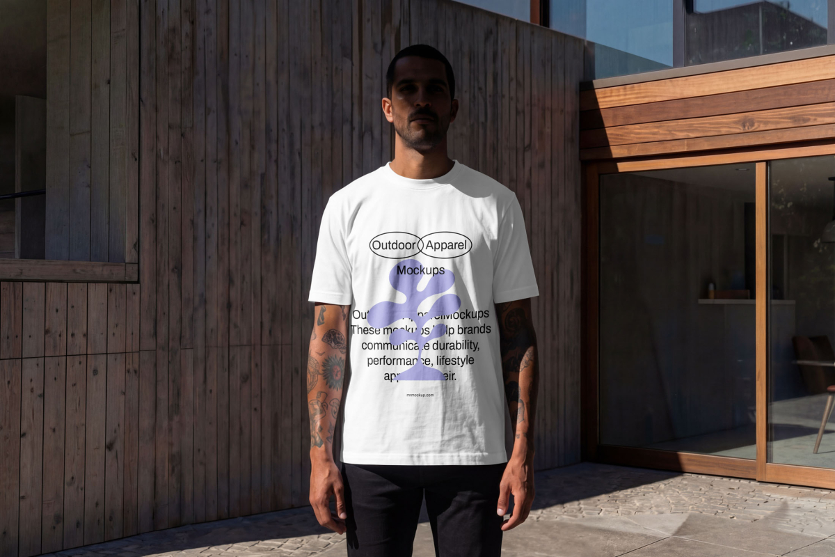 Men wear a white t-shirt mockup with a simple black typography design from the Outdoor Apparel Mockups Vol.3 product.