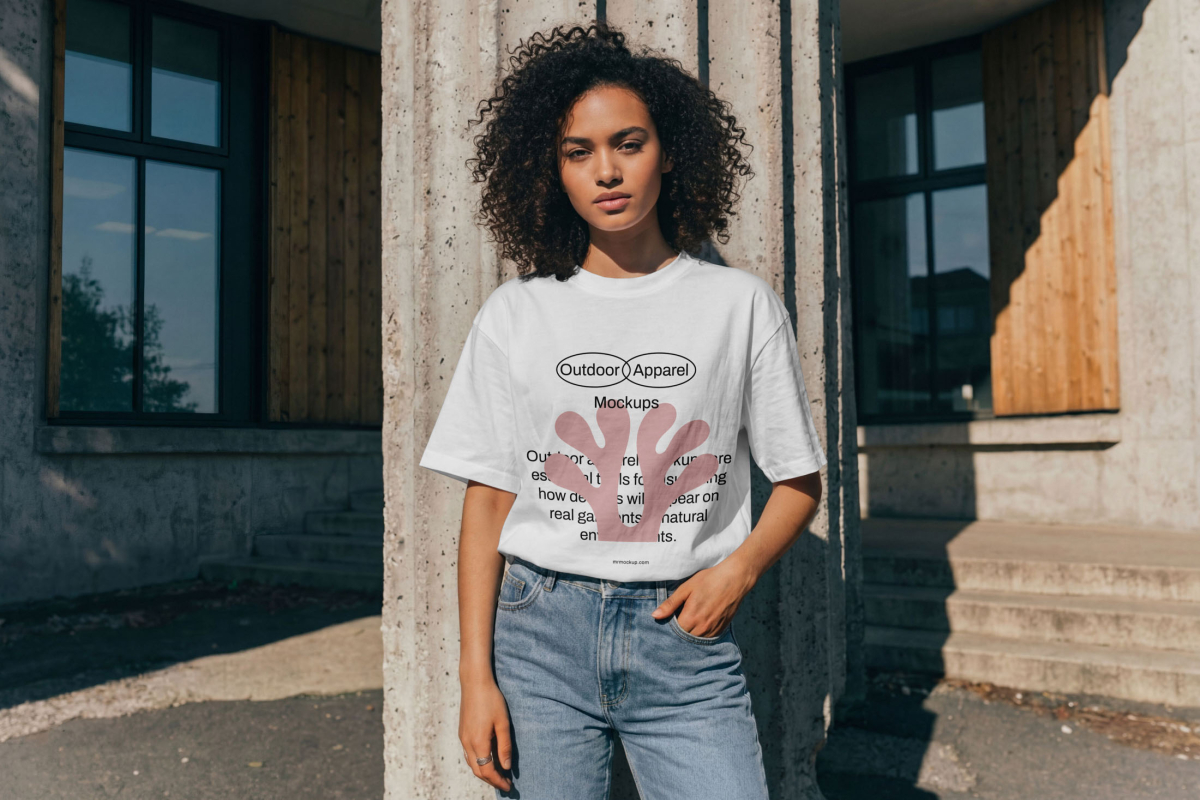 Women wearing a white t-shirt mockup with a black typography design from the Outdoor Apparel Mockups Vol.3 product.