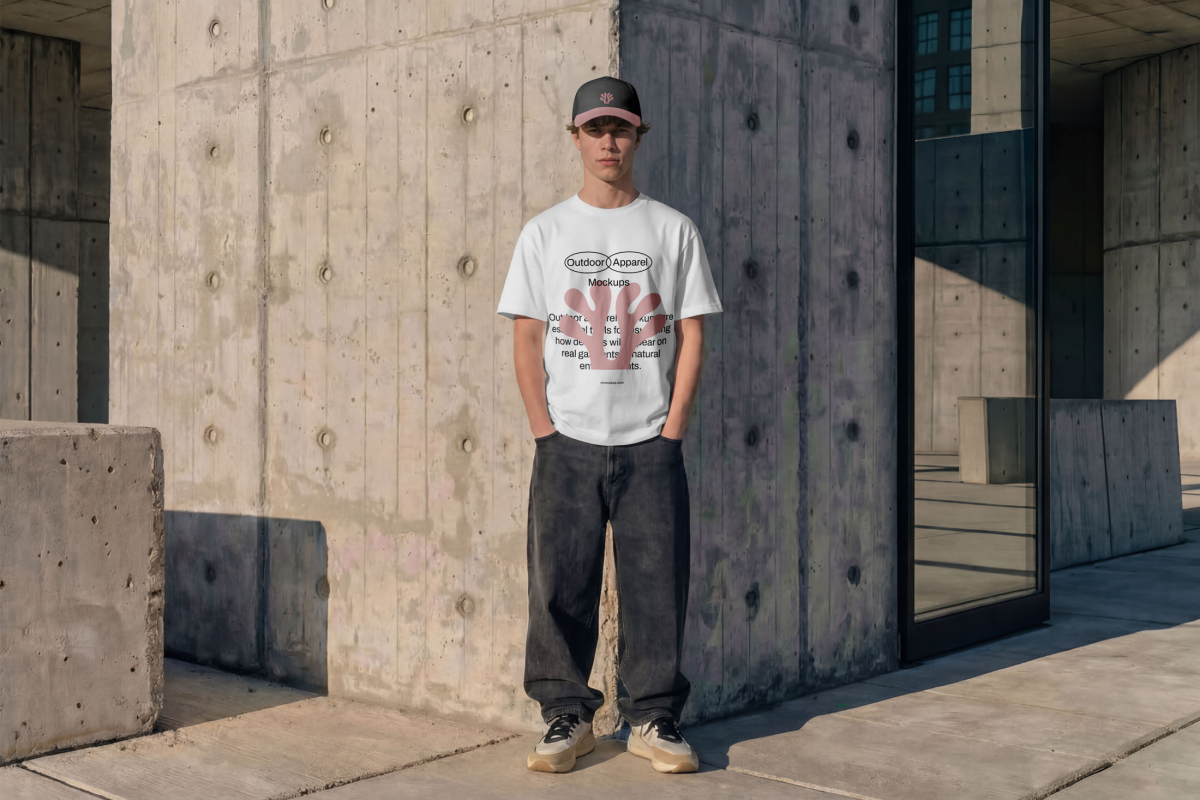 Men wear a white t-shirt mockup with a simple black typography design from the Outdoor Apparel Mockups Vol.3 product.