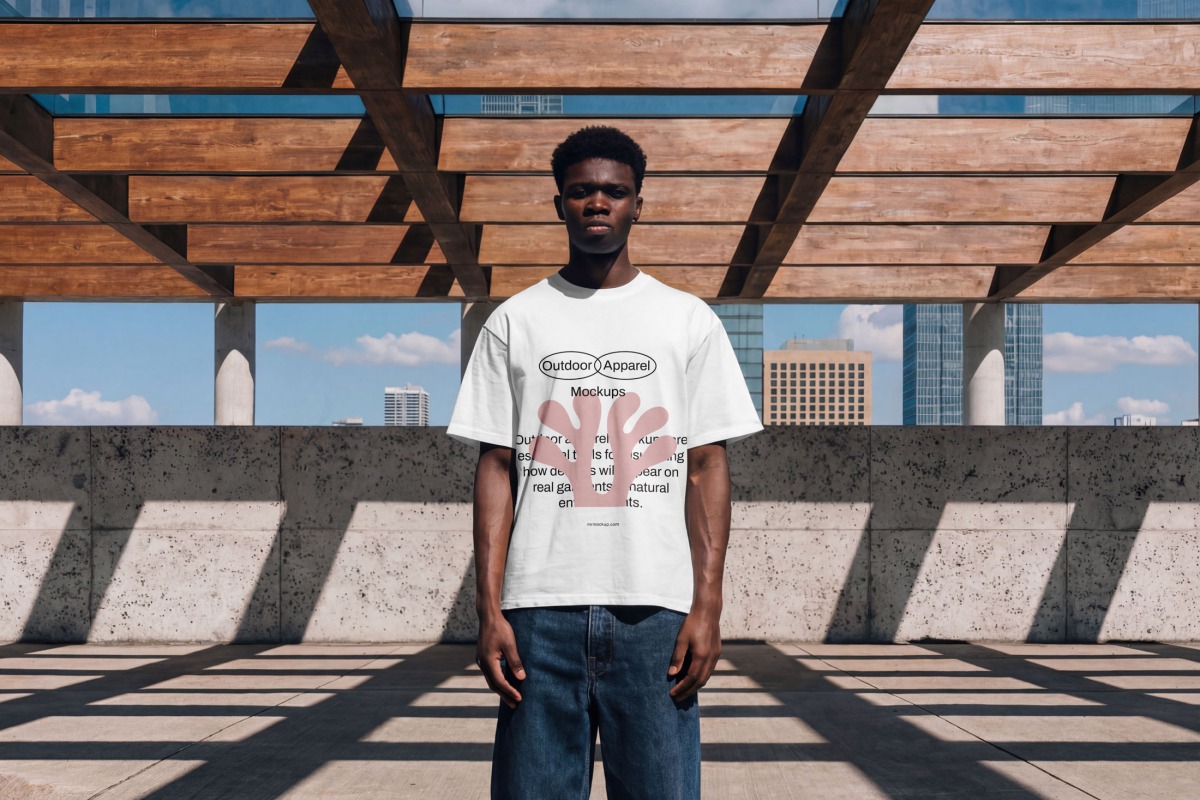 Men wear a white t-shirt mockup with a simple black typography design from the Outdoor Apparel Mockups Vol.3 product.