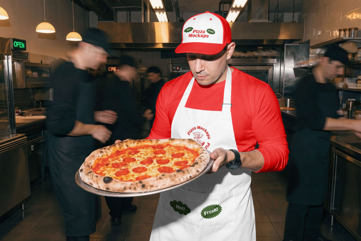 A man in a commercial kitchen wearing a red long-sleeve shirt, a white apron, and a red and white cap, all featuring the "Pizza Mockups" branding. He is holding a large, freshly baked pepperoni pizza on a metal pan.