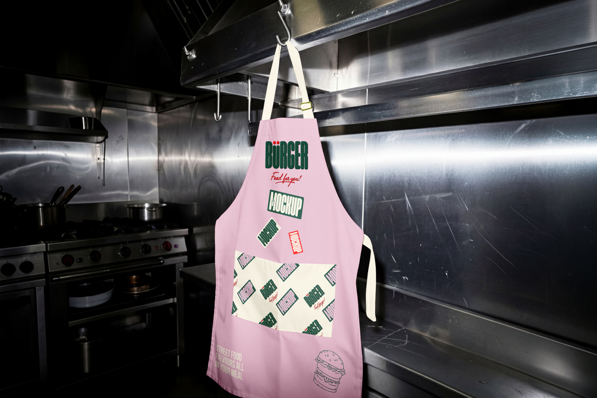 A light pink kitchen apron hanging from a metal hook attached to a stainless steel industrial stove hood. The apron features a large green logo, patterned pockets, and several text stickers.