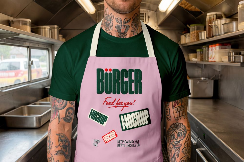 A close-up of a person with tattoos on their neck and arms, wearing a light pink apron over a dark green t-shirt in a professional food truck kitchen. The apron displays a large dark green brand logo and mockup labels.