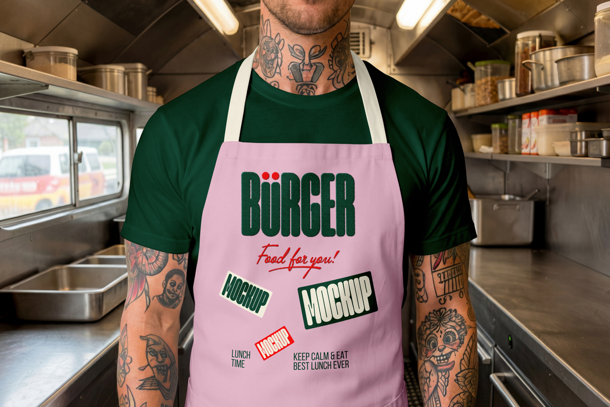 A close-up of a person with tattoos on their neck and arms, wearing a light pink apron over a dark green t-shirt in a professional food truck kitchen. The apron displays a large dark green brand logo and mockup labels.