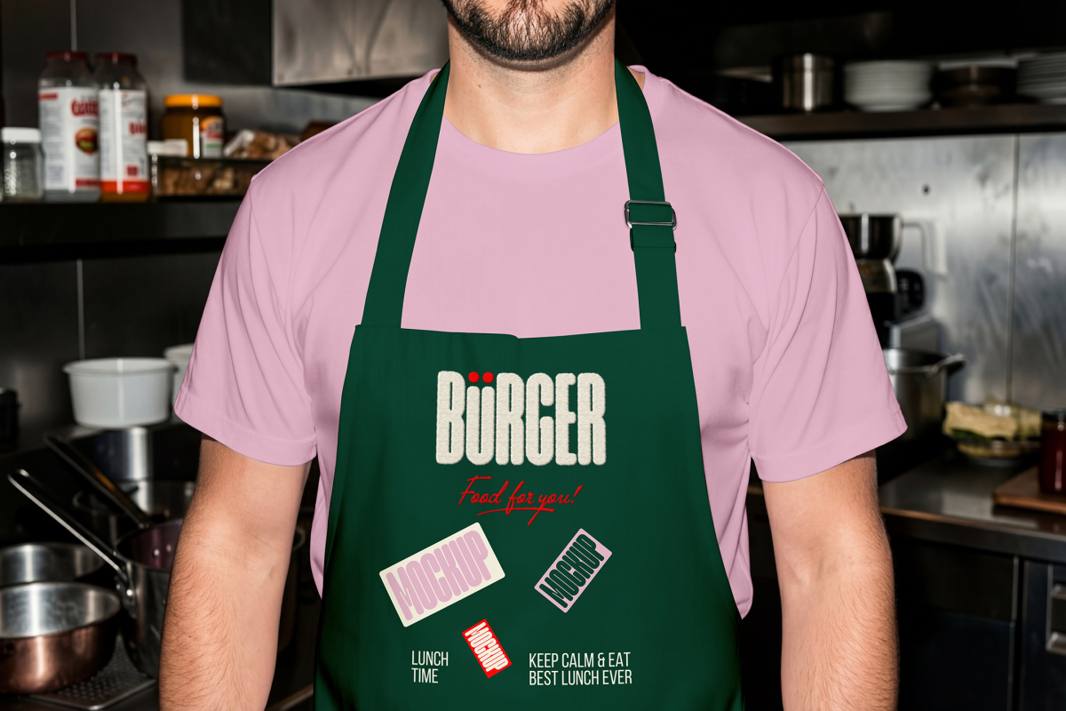 A close-up of a person wearing a dark green apron over a light pink t-shirt in a commercial kitchen setting. The apron is customized with a textured "BÜRGER" logo, red tagline, and mockup badge graphics.