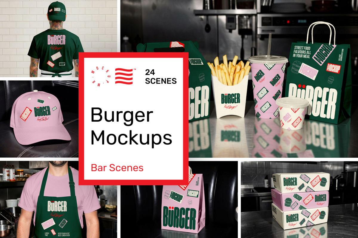 Product cover image from burger bar mockups showing six scenes from the product.