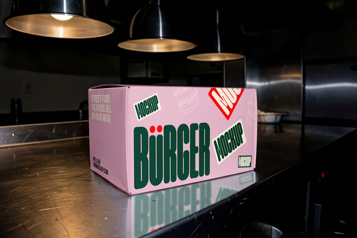 A large, rectangular pink delivery box resting on a brushed stainless steel kitchen counter under industrial warmth lamps. The side of the box shows prominent green branding and sticker graphics.