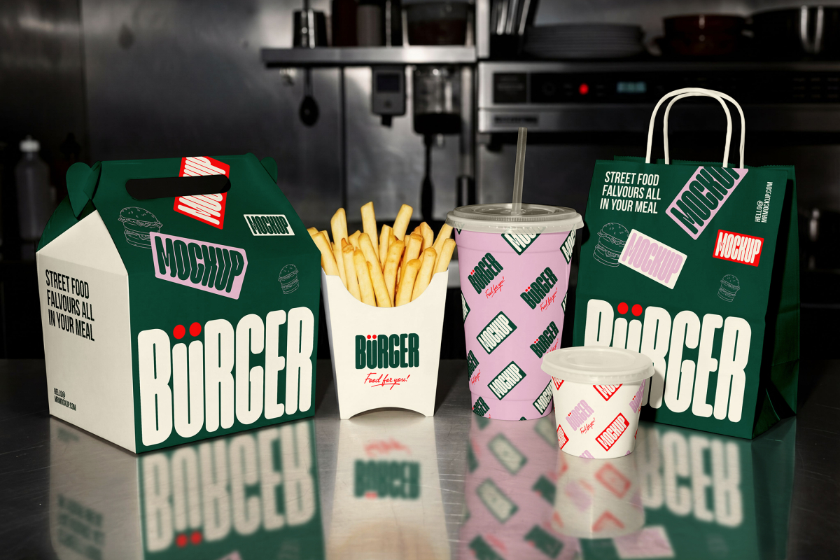 A collection of branded fast-food packaging lined up on a reflective metal counter, including a green take-out carton, a white fry box filled with golden french fries, a pink patterned drink cup, a small sauce container, and a green paper shopping bag.