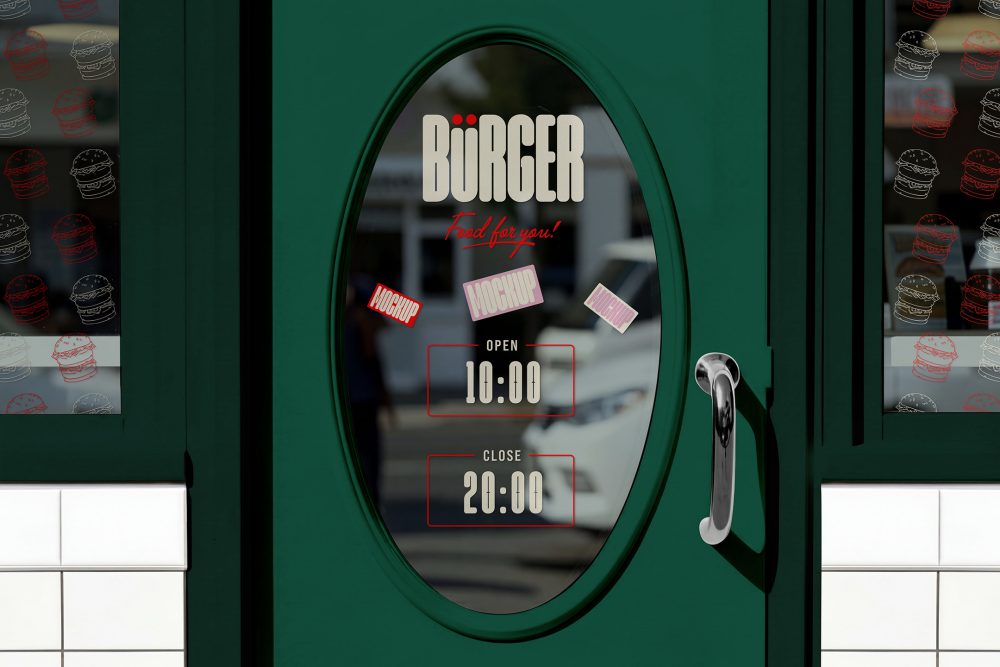 A close-up of a dark green restaurant door featuring an oval glass window. The glass shows brand decals, mockup stickers, and opening hours listed as open 10:00 and close 20:00.