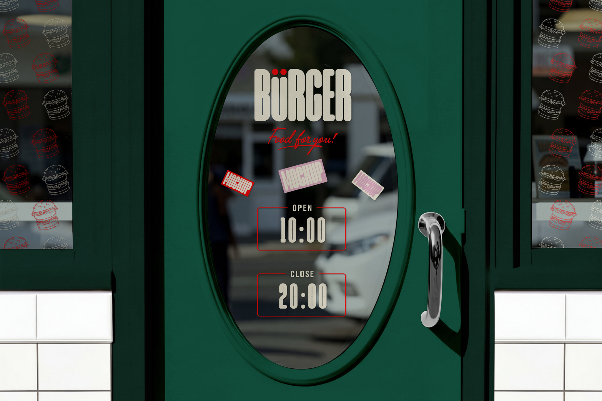 A close-up of a dark green restaurant door featuring an oval glass window. The glass shows brand decals, mockup stickers, and opening hours listed as open 10:00 and close 20:00.