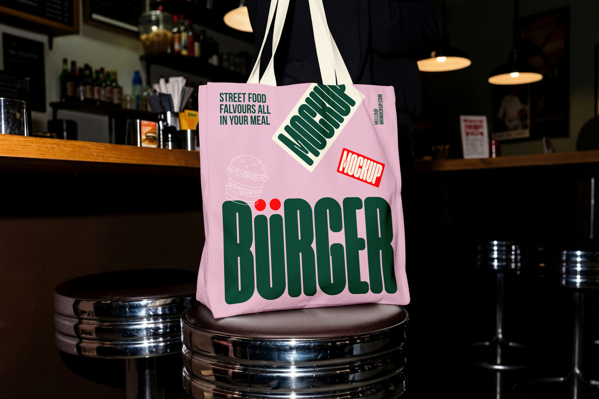A large light pink canvas tote bag placed on a chrome bar stool inside a restaurant. The bag is printed with a bold green logo, a burger illustration, and red and green "MOCKUP" stickers.