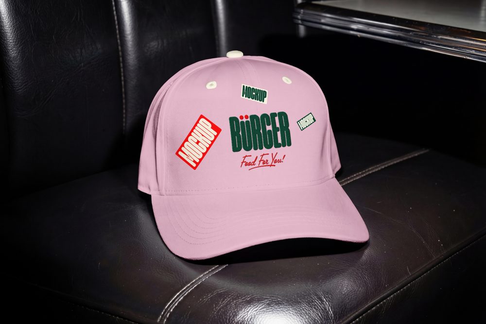 A close-up shot of a light pink baseball cap resting on a dark, quilted leather booth inside a restaurant. The front of the cap features a green "BÜRGER" brand logo with red stickers that say "MOCKUP".