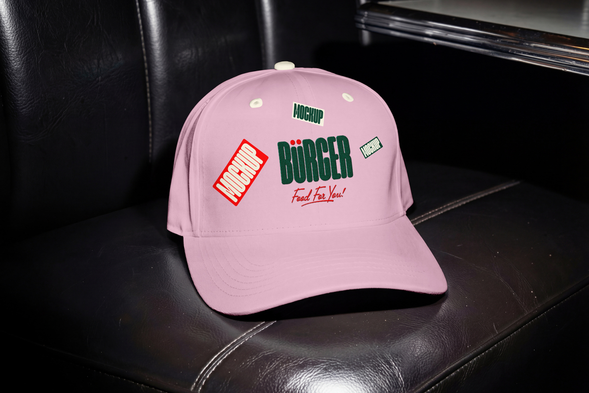 A close-up shot of a light pink baseball cap resting on a dark, quilted leather booth inside a restaurant. The front of the cap features a green "BÜRGER" brand logo with red stickers that say "MOCKUP".