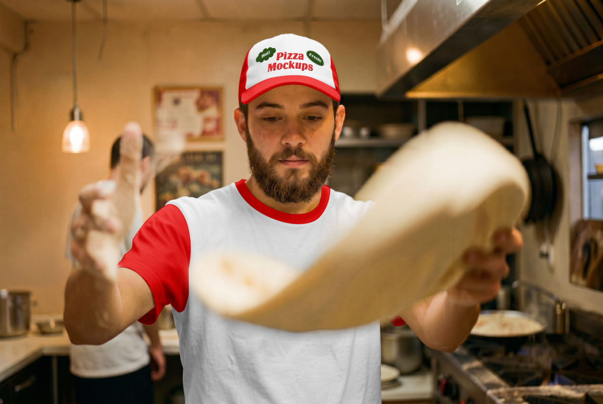 A bearded man tossing pizza dough high in the air in a commercial kitchen setting. He is wearing a white and red t-shirt and a matching trucker hat, both displaying the "Pizza Mockups" branding.