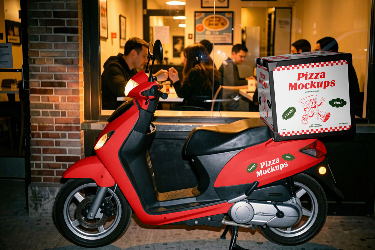 A bright red delivery scooter parked outside a dimly lit pizza restaurant at night. A square pizza delivery box with "Pizza Mockups" branding and a red checkered pattern is attached to the back of the scooter.