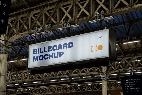 Horizontal blue billboard with typography design attached to the metal roof elevation.
