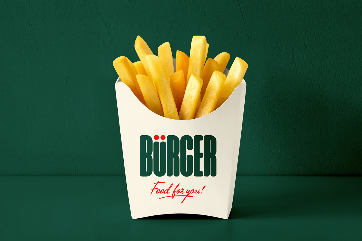 A white paper container filled with golden, crispy french fries, standing upright against a solid dark green background. The front of the container displays a green and red "BÜRGER" brand logo.