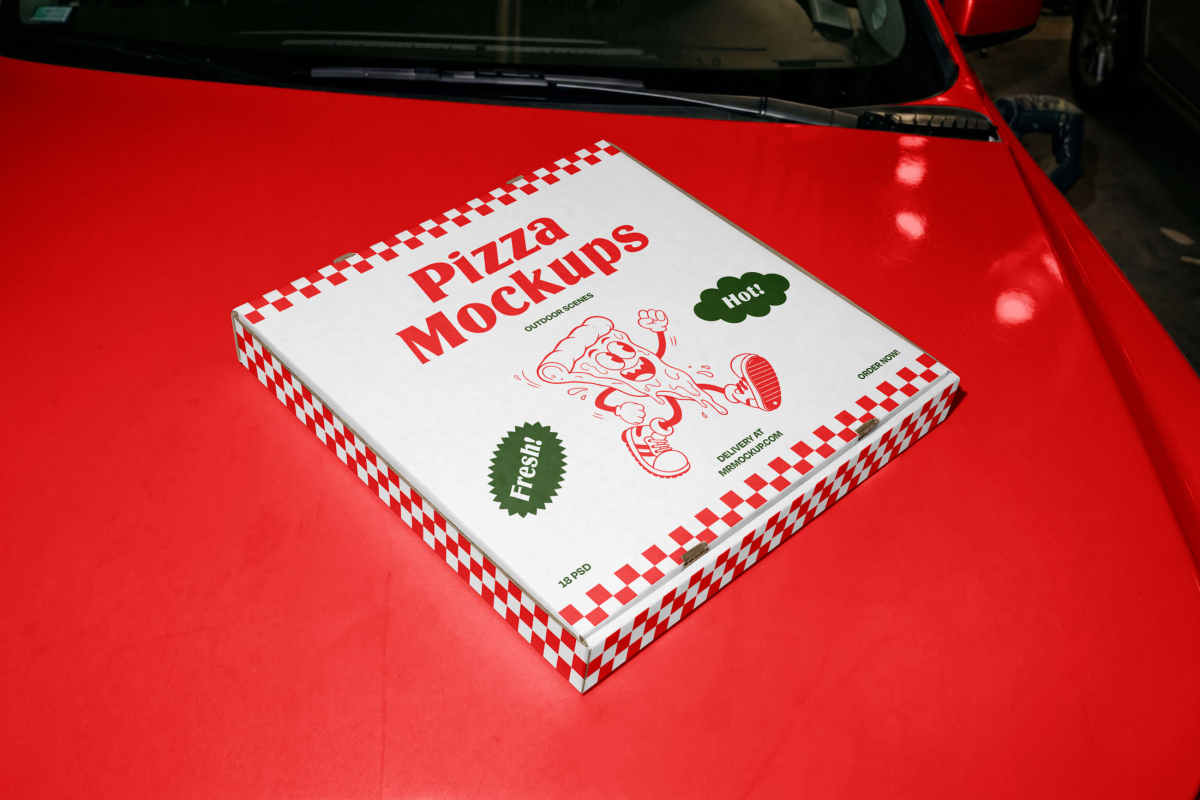 A white pizza box with red checkered edges resting on the hood of a bright red car. The box features a red "Pizza Mockups" logo, a running pizza slice cartoon, and green speech bubbles saying "Fresh!" and "Hot!".
