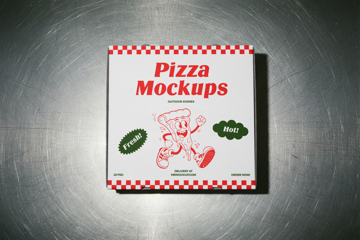A top-down view of a closed, square pizza box sitting on a scratched metallic surface. The box is white with red checkered edges and features the central "Pizza Mockups" branding.