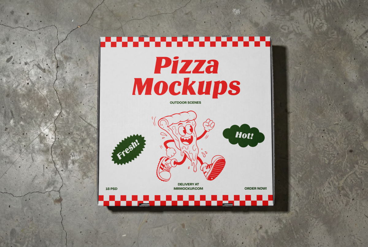 A top-down view of a white pizza box resting on a textured, cracked concrete floor. The box features red checkered borders, the central "Pizza Mockups" logo, a cartoon running pizza slice, and green promotional badges.