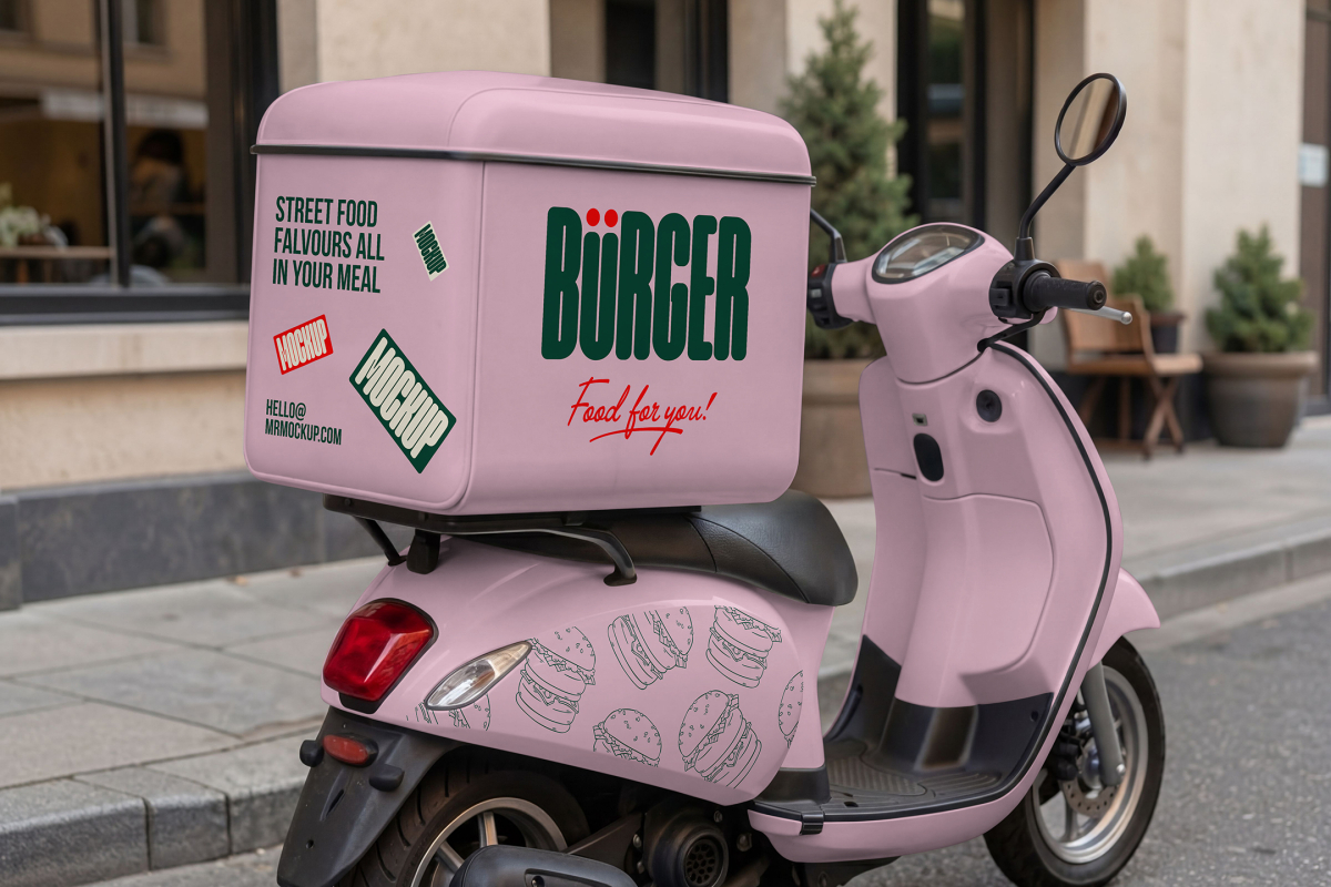 A pastel pink delivery motor scooter parked on a city sidewalk. It features a large matching pink cargo box on the back with "BÜRGER" branding, and a subtle burger line art pattern on the chassis.