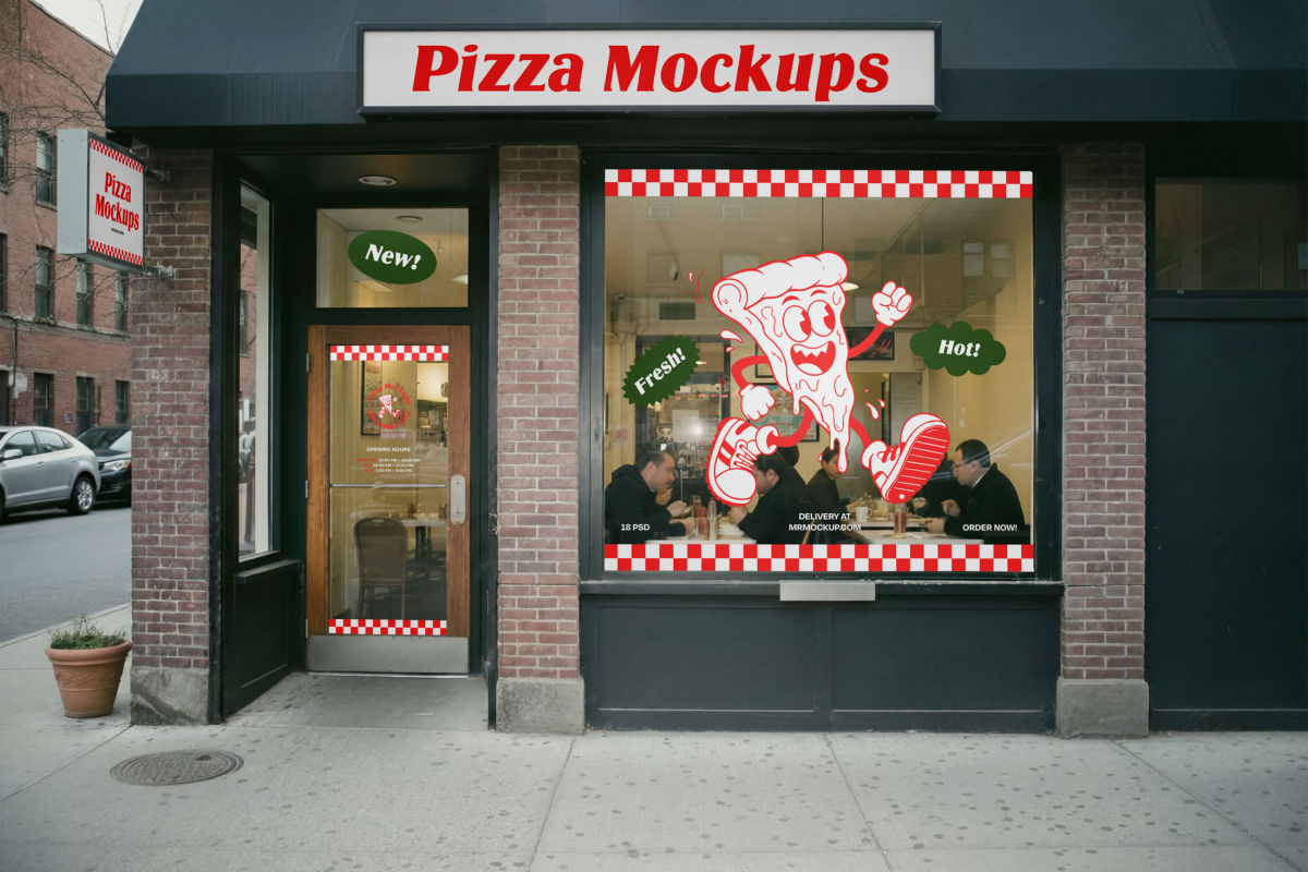 The exterior street view of a brick pizza shop. The storefront features a black awning with a red "Pizza Mockups" sign, a hanging side sign, and a large front window decorated with a running pizza slice decal and red checkered borders.