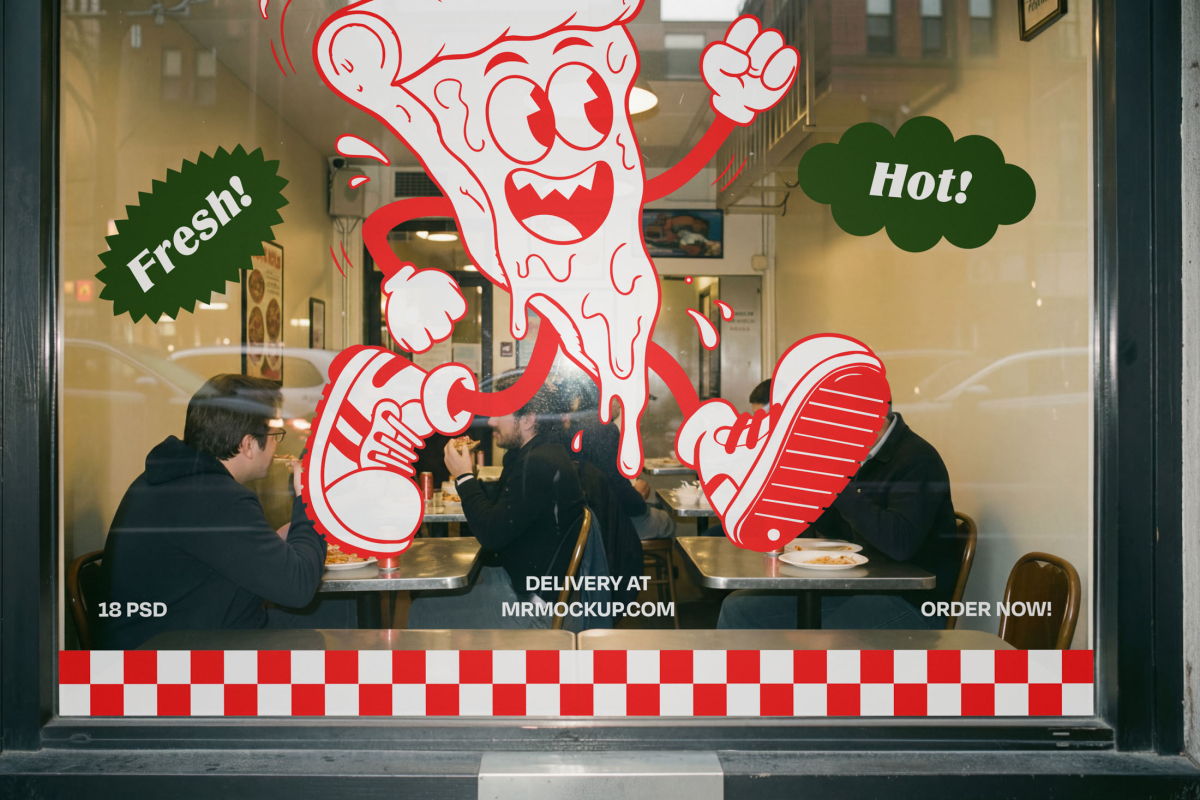 A restaurant window viewed from the outside, featuring a large glass decal of a running cartoon pizza slice, green "Fresh!" and "Hot!" speech bubbles, and a red checkered border at the bottom. Customers are visible dining inside at tables.