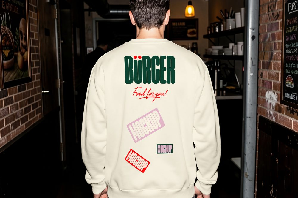The back view of a person wearing an off-white sweatshirt inside a dimly lit restaurant corridor. The sweatshirt is printed with a dark green "BÜRGER" logo, red script text, and several slanted mockup sticker graphics.