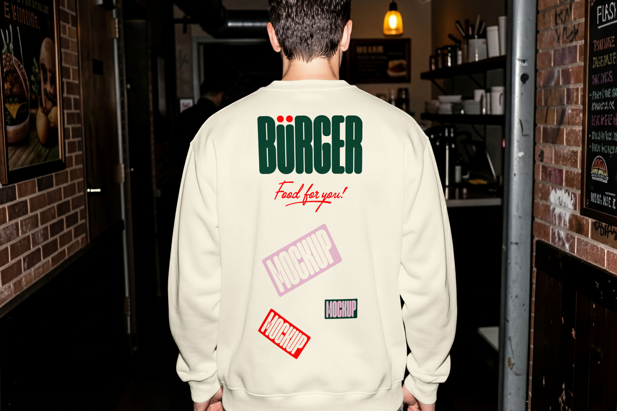 The back view of a person wearing an off-white sweatshirt inside a dimly lit restaurant corridor. The sweatshirt is printed with a dark green "BÜRGER" logo, red script text, and several slanted mockup sticker graphics.