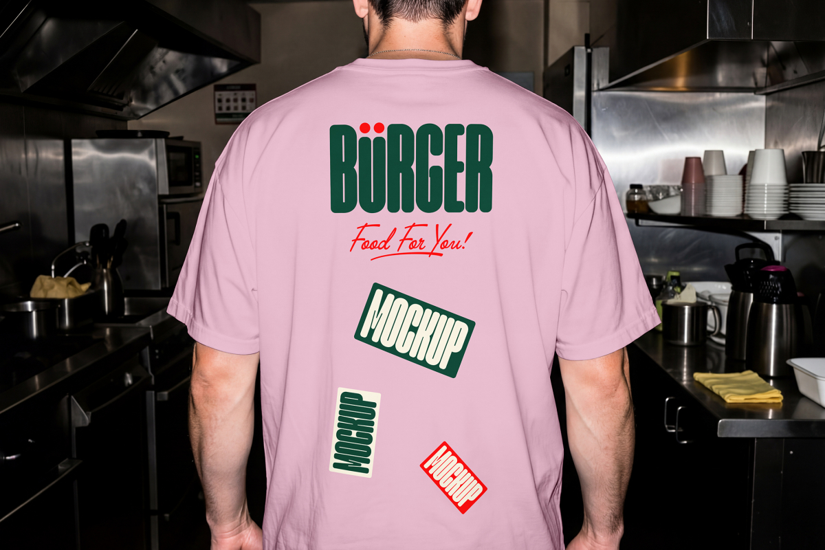 The rear view of a man standing in a commercial restaurant kitchen, wearing an oversized light pink t-shirt. The back of the shirt displays a large green "BÜRGER" logo and three sticker graphics with the text "MOCKUP".