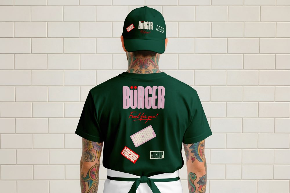 The rear view of a person with neck and arm tattoos standing against a white brick wall, wearing a dark green baseball cap and a matching dark green t-shirt. Both items feature the pink "BÜRGER" logo and various rectangular mockup stickers.