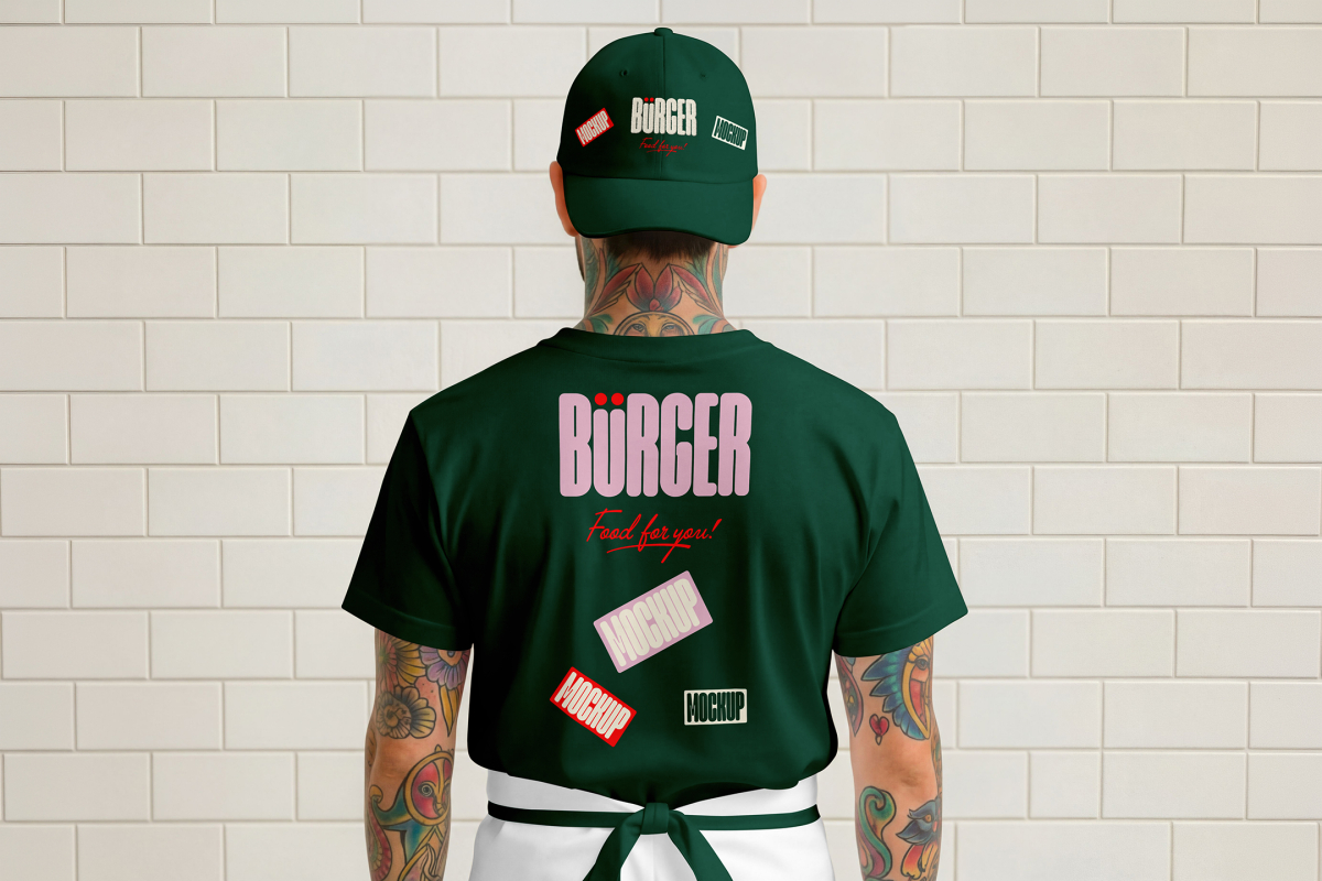 The rear view of a person with neck and arm tattoos standing against a white brick wall, wearing a dark green baseball cap and a matching dark green t-shirt. Both items feature the pink "BÜRGER" logo and various rectangular mockup stickers.