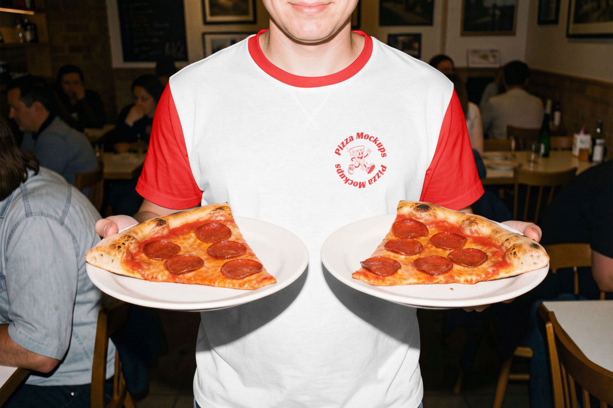 A person wearing a white and red ringer t-shirt with a small "Pizza Mockups" logo on the chest. They are holding out two white plates, each serving a large slice of pepperoni pizza.
